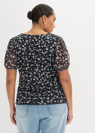 Shirt van zacht mesh, Kleur: zwart gebloemd