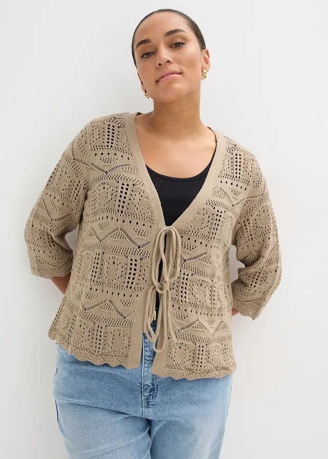 Gilet en maille ajourée à nouer, Couleur: taupe