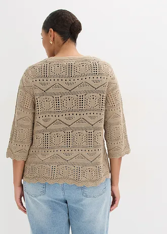 Ajour vest met strikbandjes, Kleur: taupe