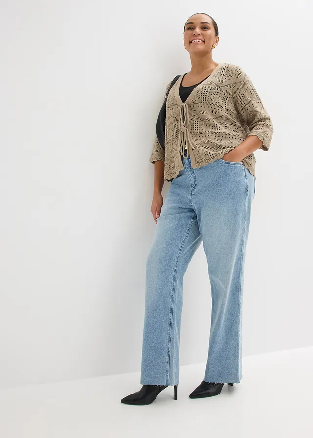 Gilet en maille ajourée à nouer, Couleur: taupe