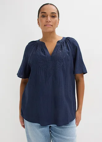 Blouse met korte mouwen van gestructureerde crinkle, Kleur: donkerblauw