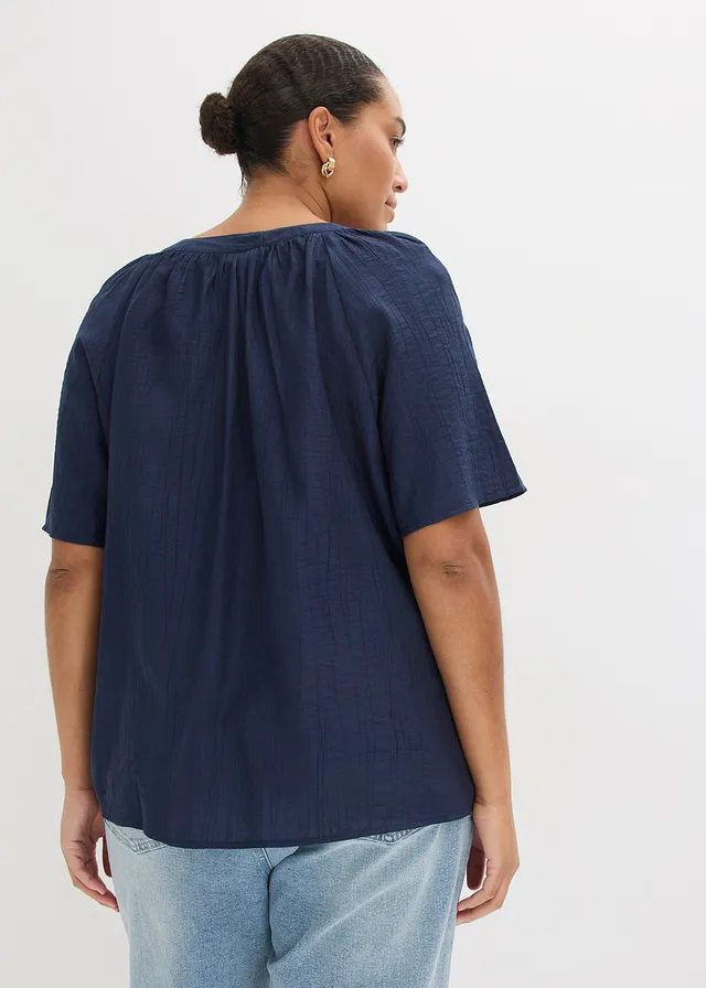 Blouse met korte mouwen van gestructureerde crinkle, Kleur: donkerblauw