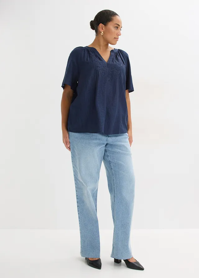 Blouse met korte mouwen van gestructureerde crinkle, Kleur: donkerblauw