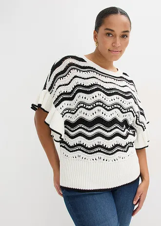 Gebreid shirt, Kleur: wolwit-zwart