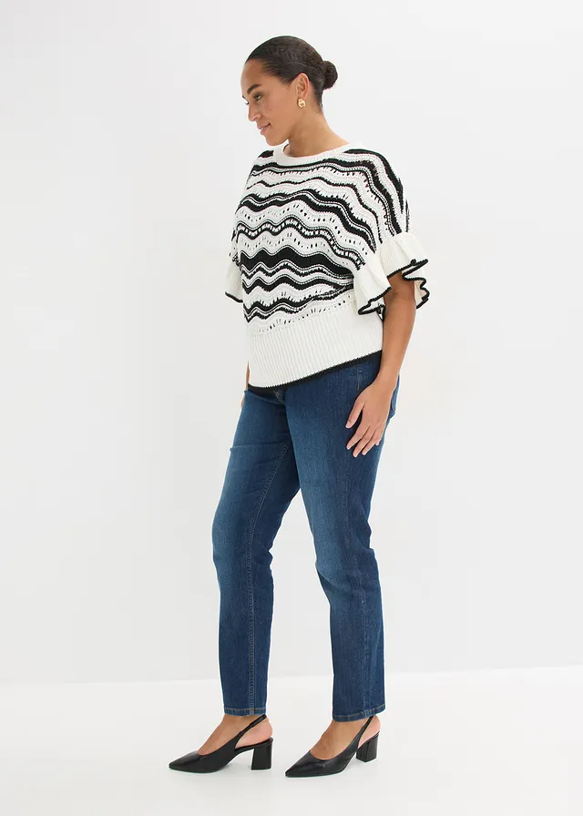 Gebreid shirt, Kleur: wolwit-zwart
