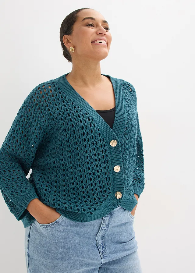 Cardigan ajouré 100% coton, Couleur: vert poivre