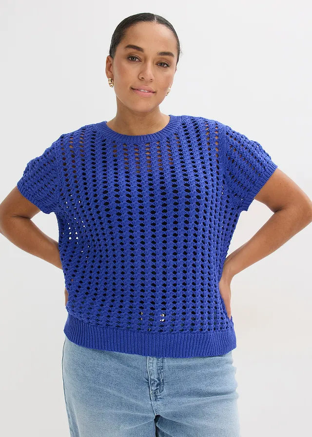 Ajour trui met korte mouwen van puur katoen, Kleur: blauw