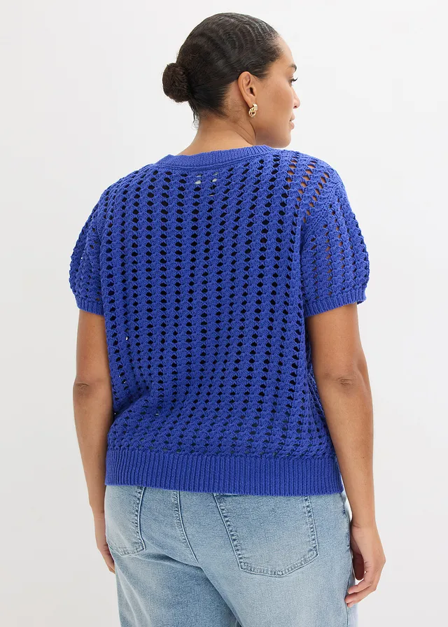 Ajour trui met korte mouwen van puur katoen, Kleur: blauw