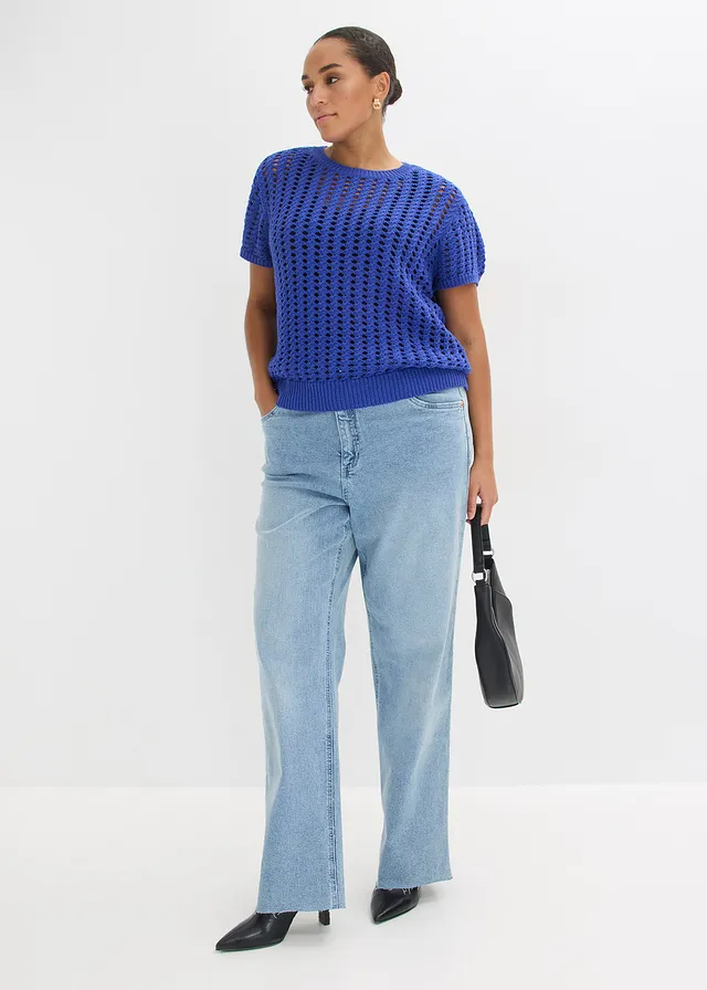 Ajour trui met korte mouwen van puur katoen, Kleur: blauw
