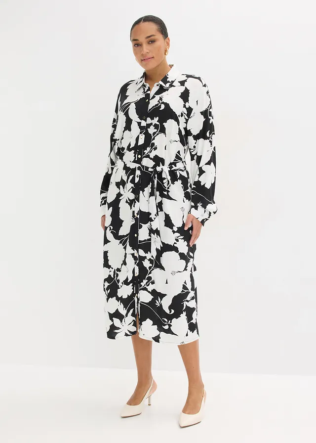 Robe-chemise en viscose fluide, Couleur: noir-blanc floral