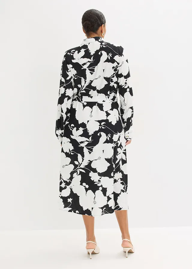Robe-chemise en viscose fluide, Couleur: noir-blanc floral
