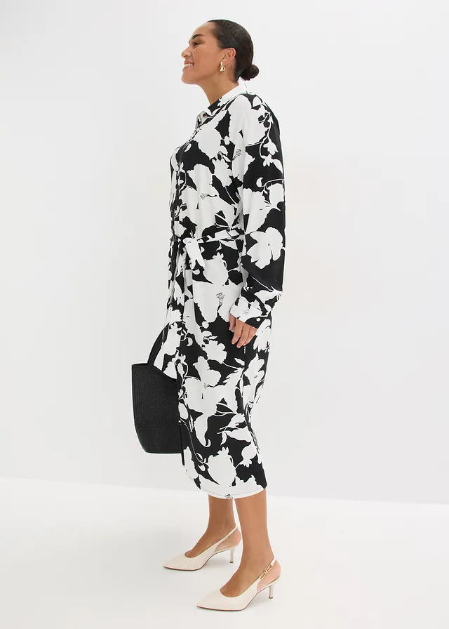 Blousejurk van soepele viscose, Kleur: zwart-wit gebloemd
