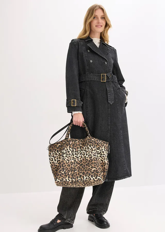 Canvas shopper met luipaardprint, Kleur: ecru-bruin-zwart met luipaardprint