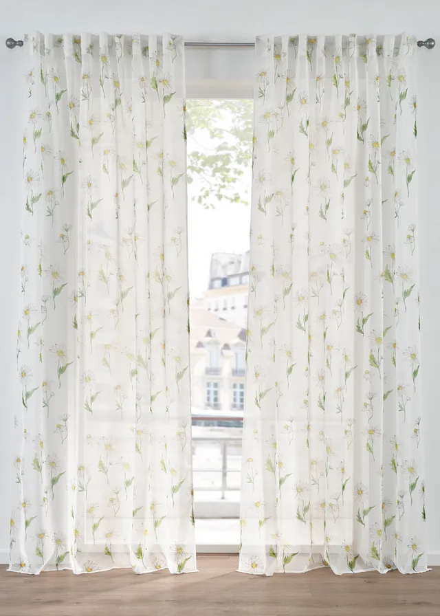 Gordijn met bloemenprint (1 stuk), Kleur: wit-groen