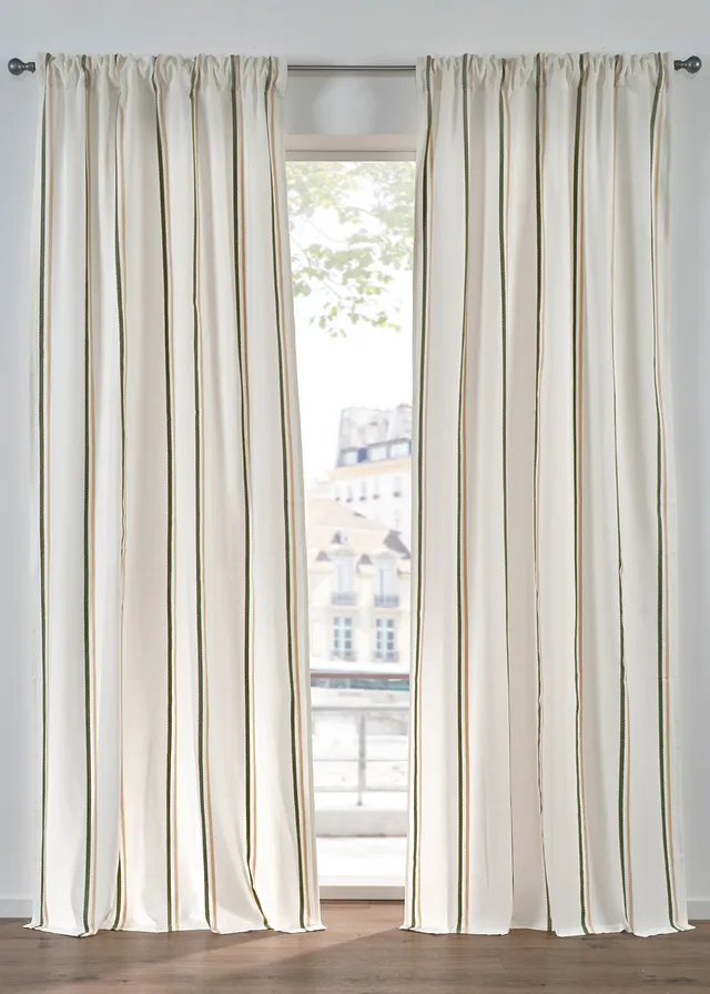 Rideau en coton à rayures tissées (1 pce), Couleur: crème-vert