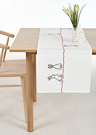 Tafelloper met paasjesmotief, Kleur: wit-zwart-donkerrood