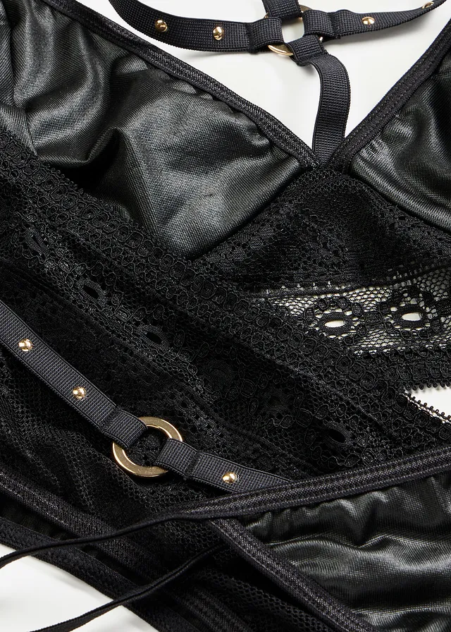 Bralette, string, jarretels in wetlook (3-dlg. set) • zwart • product-page.page-title-suffix