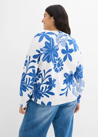 Gebreide vest met bloemenprint, Kleur: wolwit-middenblauw-arctisch blauw gebloemd
