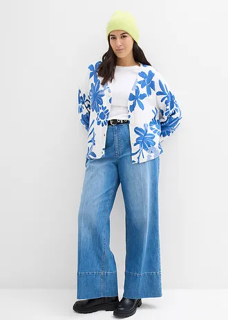 Gebreide vest met bloemenprint, Kleur: wolwit-middenblauw-arctisch blauw gebloemd