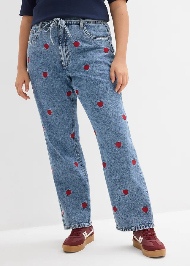 Jean droit et loose, taille haute, coton, Couleur: bleu clair denim-rouge used