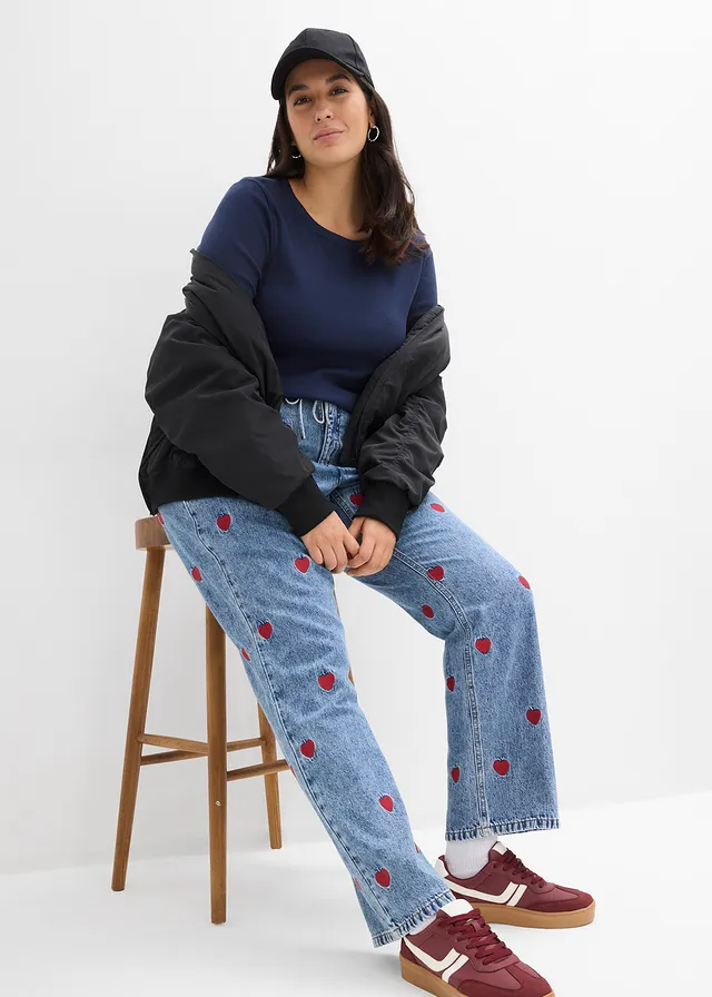 Jean droit et loose, taille haute, coton, Couleur: bleu clair denim-rouge used