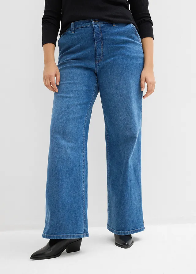 Jean large taille haute, Couleur: bleu denim used