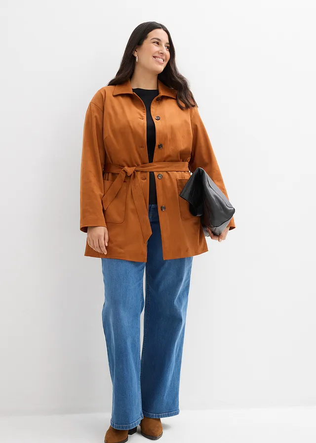 Korte jas van imitatiesuède, met ceintuur, Kleur: bronskleur
