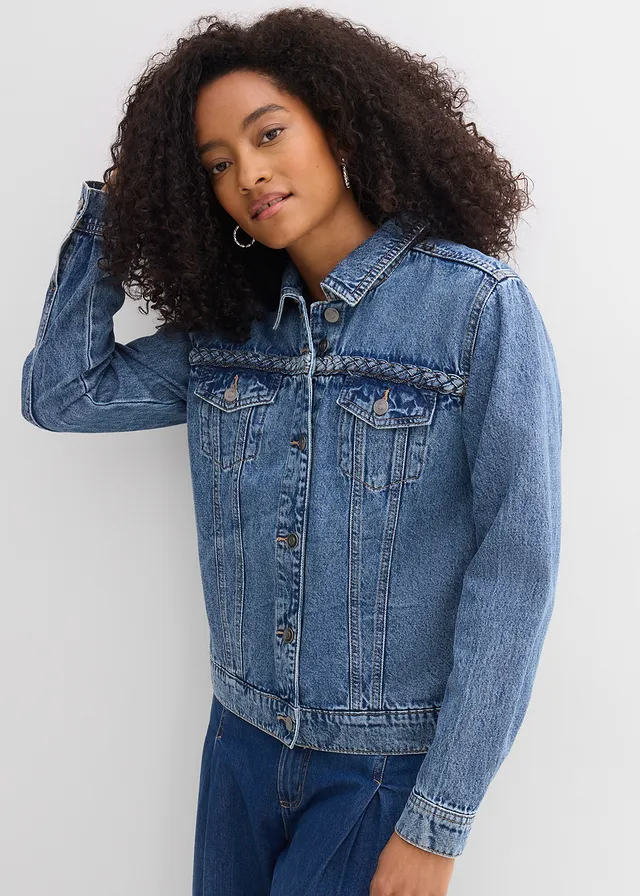 Veste en jean à détail tressé, Couleur: bleu clair denim used
