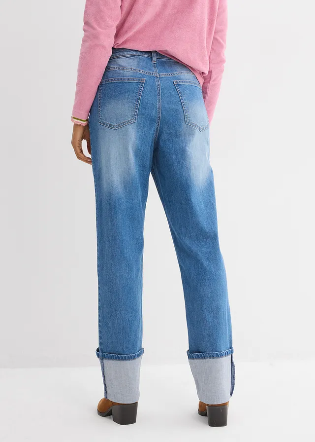 Jean large et droit, taille haute, Couleur: bleu moyen denim used