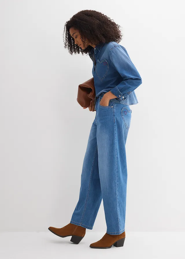 Jean barrel taille haute, Couleur: bleu clair denim used