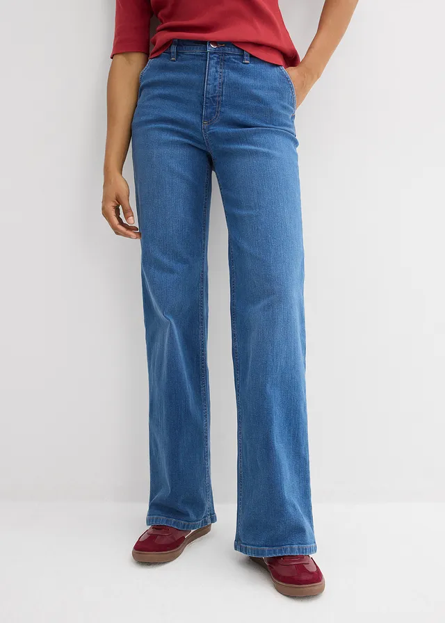Jean large taille haute, Couleur: bleu denim used