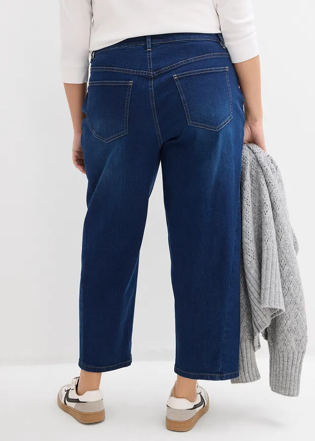 Barrel jeans, mid waist, biologisch katoen, Kleur: donkerblauw denim used