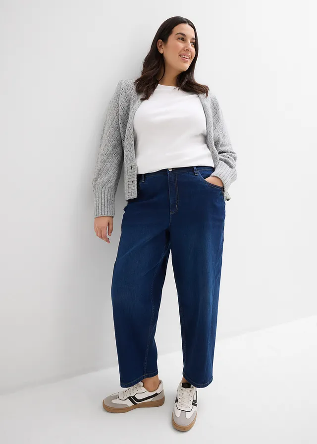 Jean barrel taille mi-haute, Couleur: bleu foncé denim used