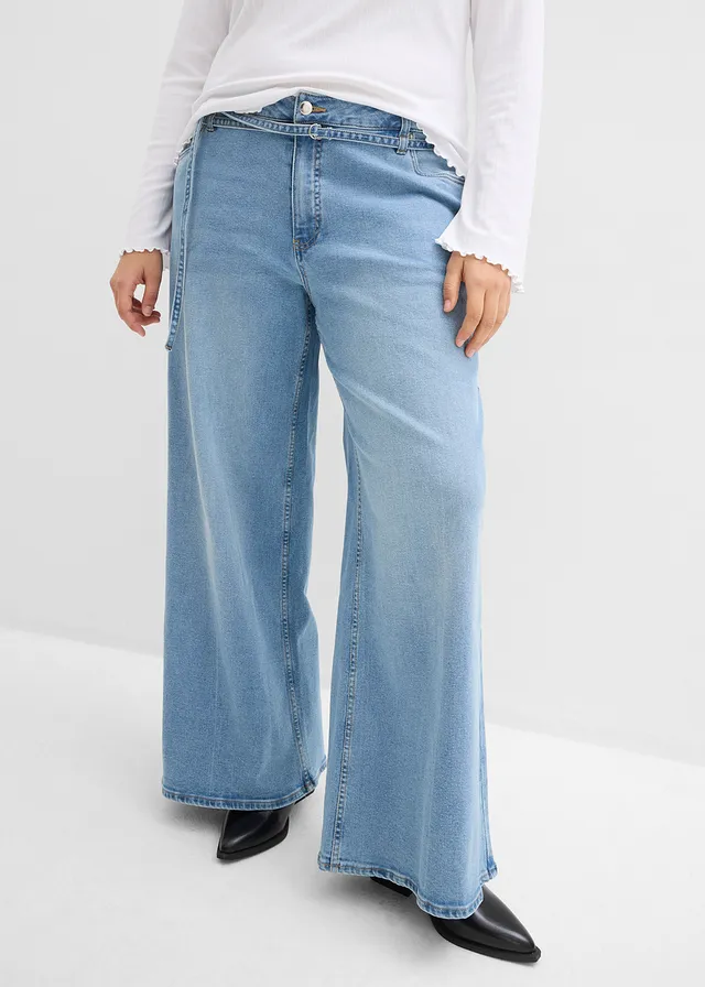 Wide leg jeans, mid waist, Kleur: lichtblauw denim used