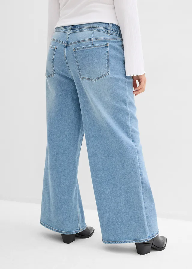 Wide leg jeans, mid waist, Kleur: lichtblauw denim used