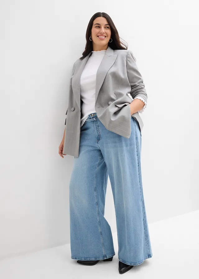 Wide leg jeans, mid waist, Kleur: lichtblauw denim used