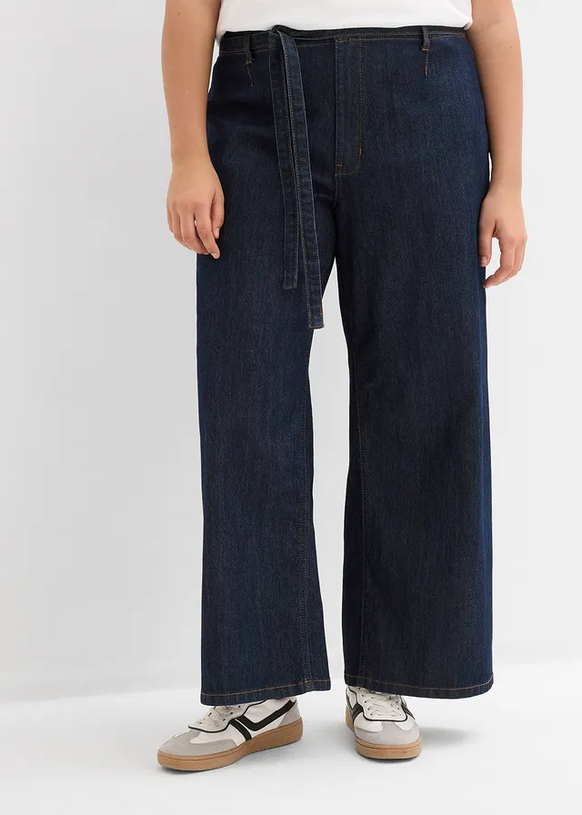 Jean large taille haute, cropped, Couleur: bleu foncé denim brut