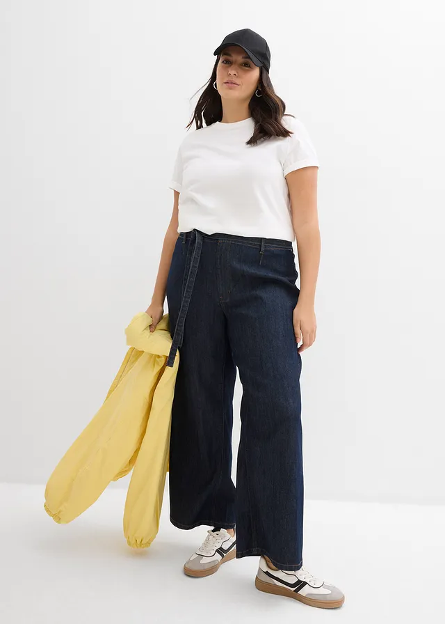 Jean large taille haute, cropped, Couleur: bleu foncé denim brut
