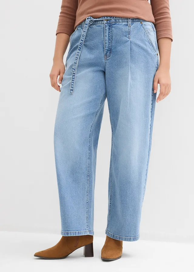 Jean barrel taille mi-haute, Couleur: bleu clair denim used