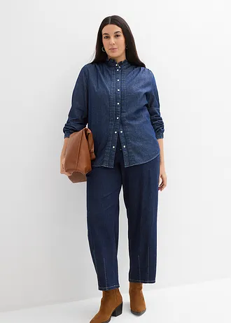 Spijkerblouse van biologisch katoen met volants, Kleur: donkerblauw denim used