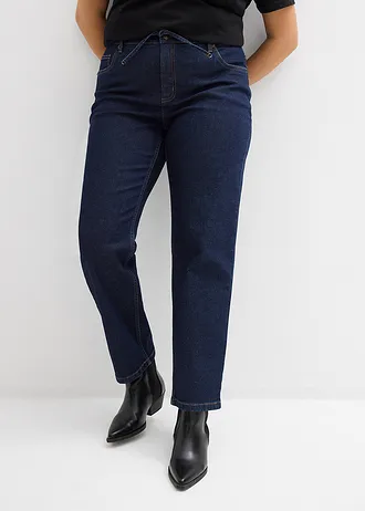 Loose straight jeans mid waist, Kleur: diepblauw denim ongewassen