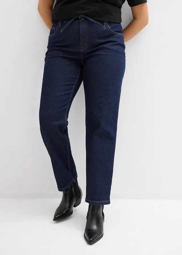 Jean droit et loose, taille mi-haute, Couleur: bleu foncé denim brut