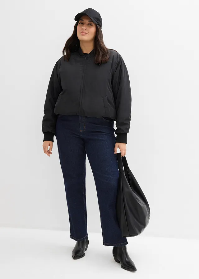 Jean droit et loose, taille mi-haute, Couleur: bleu foncé denim brut