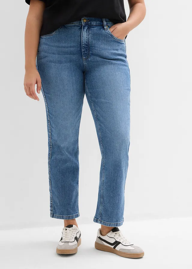 Jean droit taille haute, Couleur: bleu moyen denim used