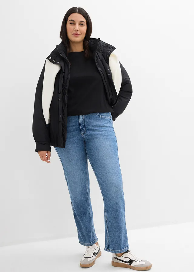 Jean droit taille haute, Couleur: bleu moyen denim used