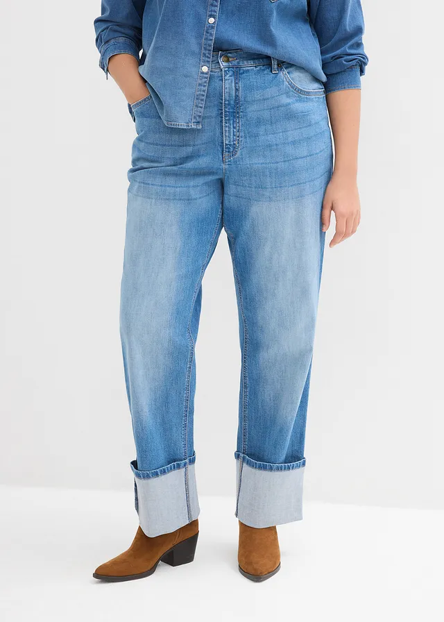 Loose fit straight jeans, high waist, Kleur: middenblauw denim used