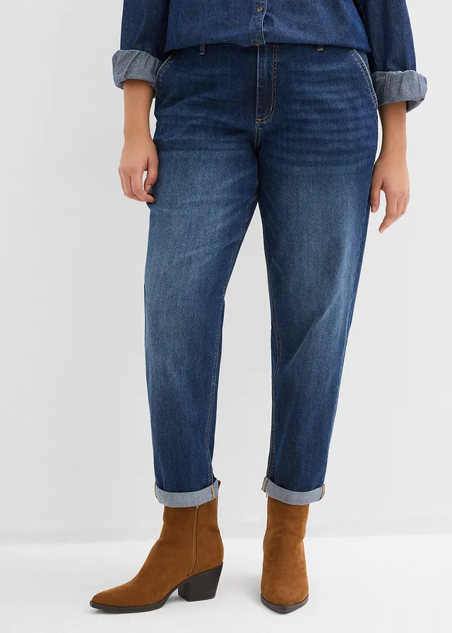 Boyfriend jeans, mid waist, elastische band, Kleur: donkerblauw denim used