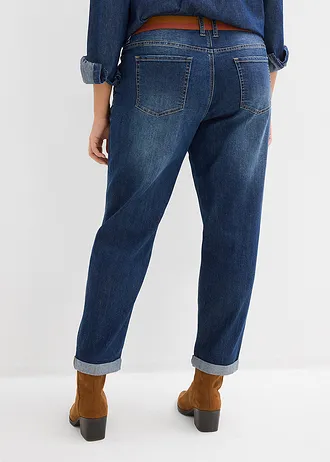 Boyfriend jeans, mid waist, elastische band, Kleur: donkerblauw denim used