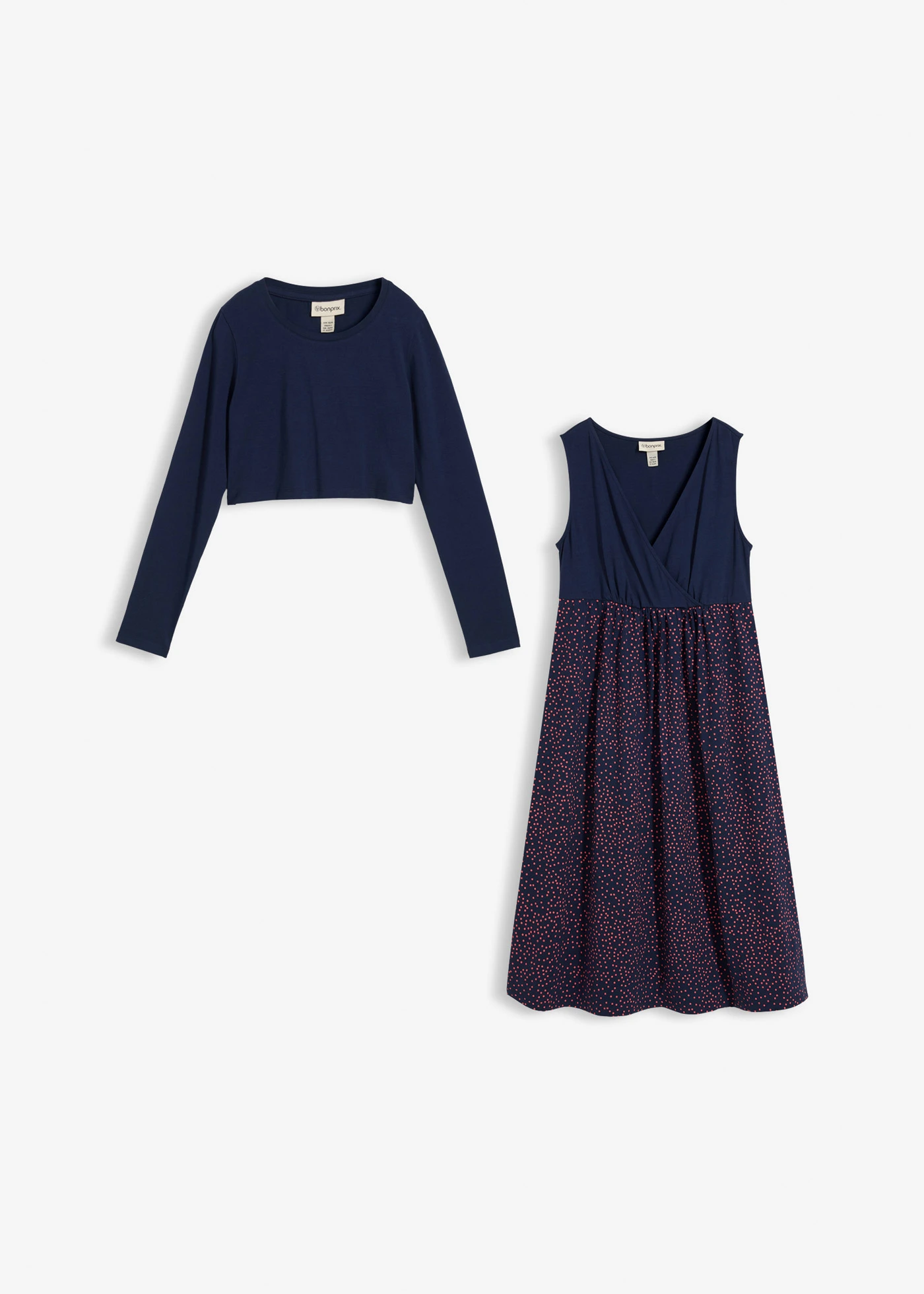 3-in-1 set bestaande uit zwangerschaps- en borstvoedingsjurk + shirt van biologisch katoen (2-dlg. set) • donkerblauw-koraalrood gestippeld • bonprix online shop