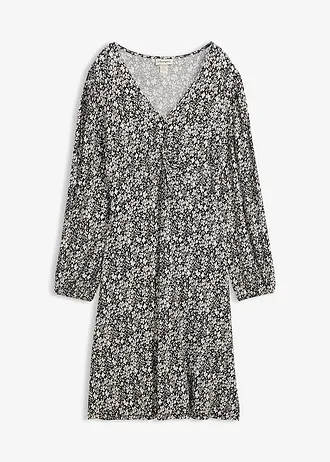 Jersey jurk in een viscosemix, Kleur: zwart-wolwit gebleomd